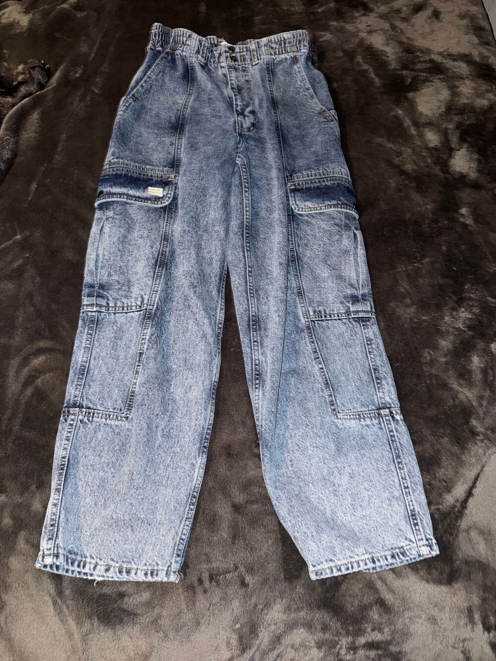BDG Acid Wash Cargo Pants Elastic Waistband Button Fly Denim